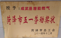成武县尊时凯龙燃气有限公司获得2014年度“菏泽市五一劳动奖状”及“菏泽市学习型组织标兵单位”称号